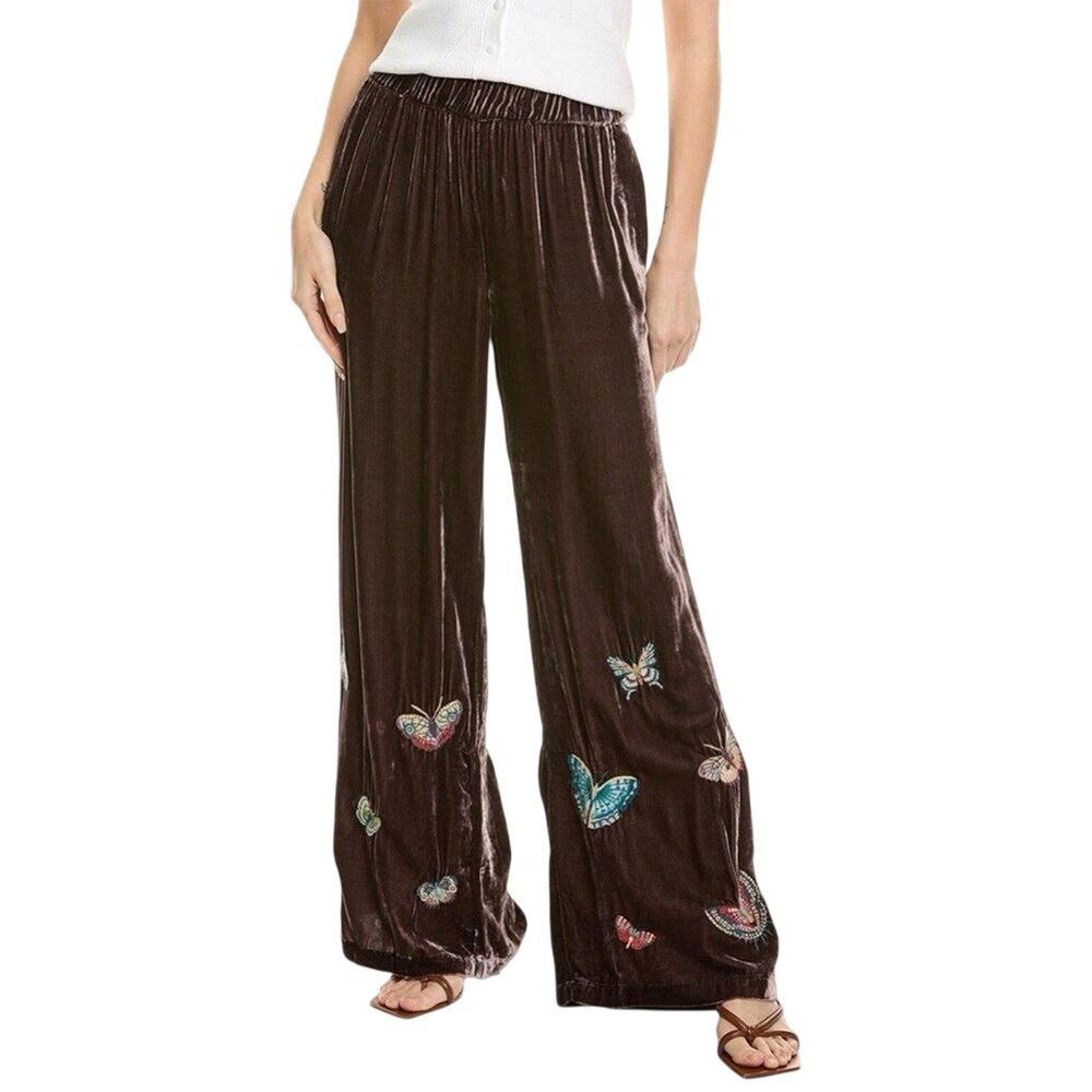 Johnny Was $365 Seamed Wide Leg Silk Embroidered Brown Pants Size XL